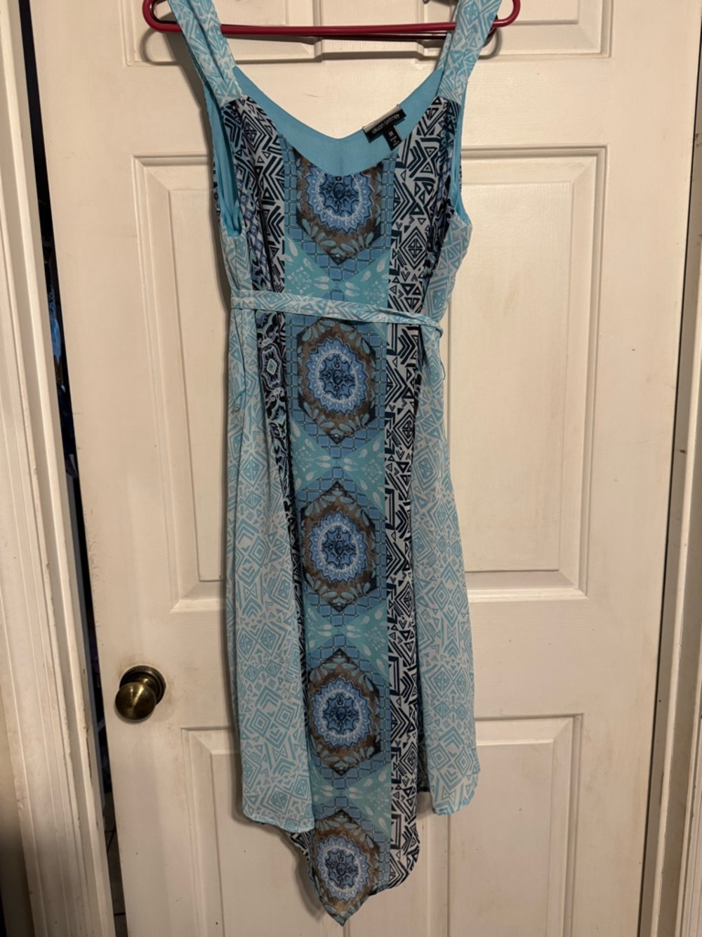Allison Brittney Sky Blue & Navy Asymmetrical Printed Midi Dress